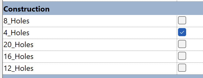 Construction parameters with 4_Holes selected